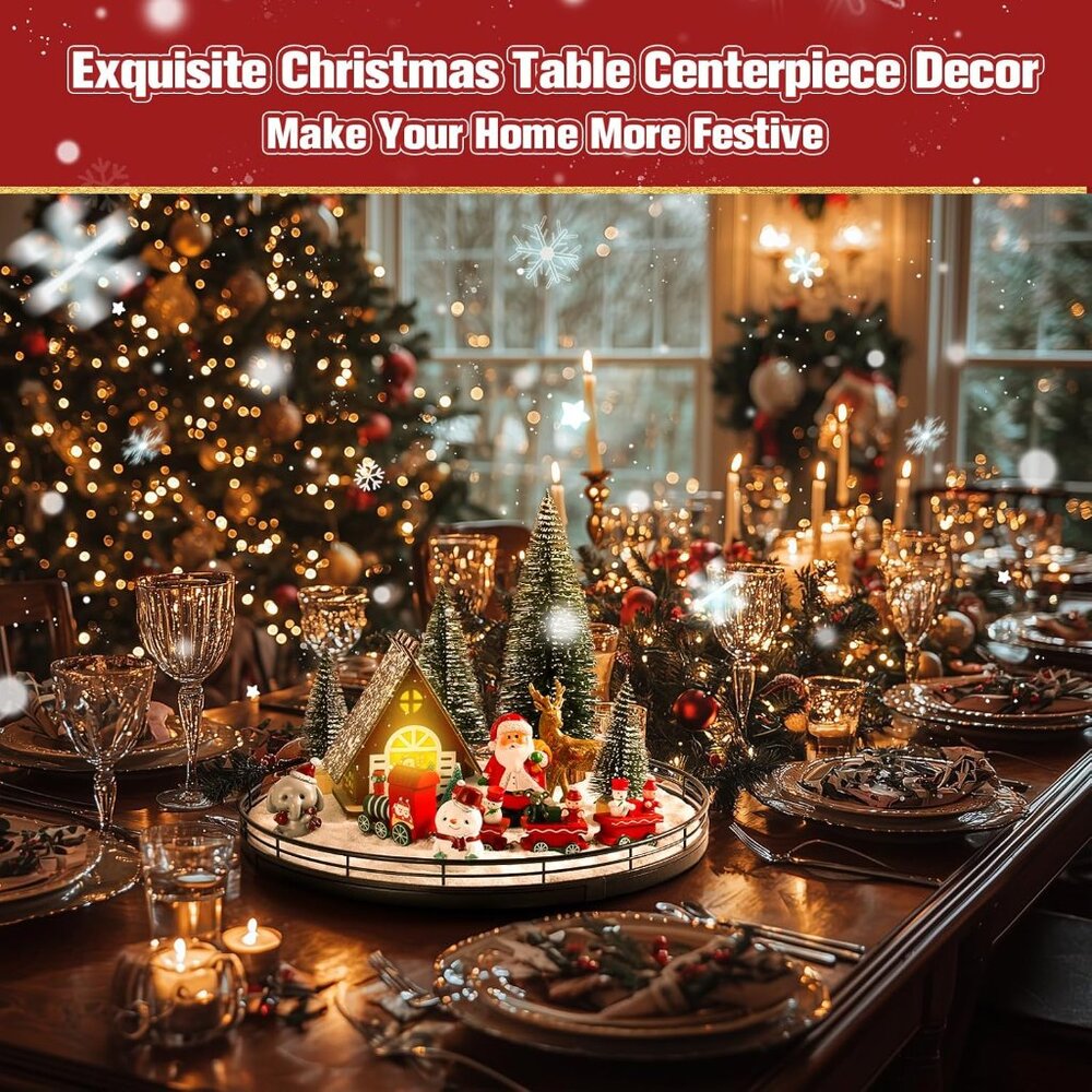 New 12 Pcs Christmas Village Set, Light-Up Table Centerpieces with Lazy Susan - Picture 4 of 6